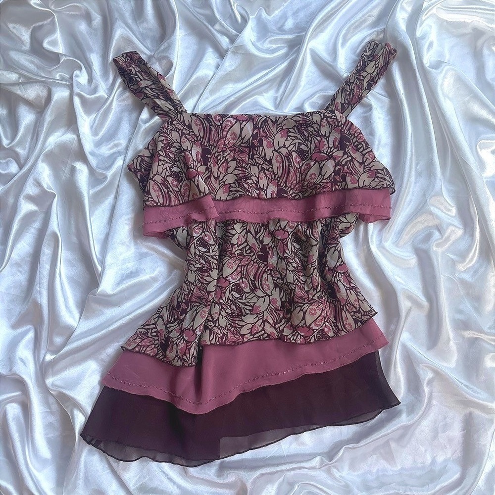 y2k floral Ruffle Tank Top Pink Beaded Tiered Asymmetrical Blouse